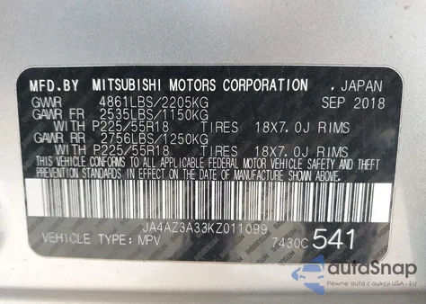 2019 Mitsubishi Outlander Se from USA, damaged, VIN JA4AZ3A33KZ011099